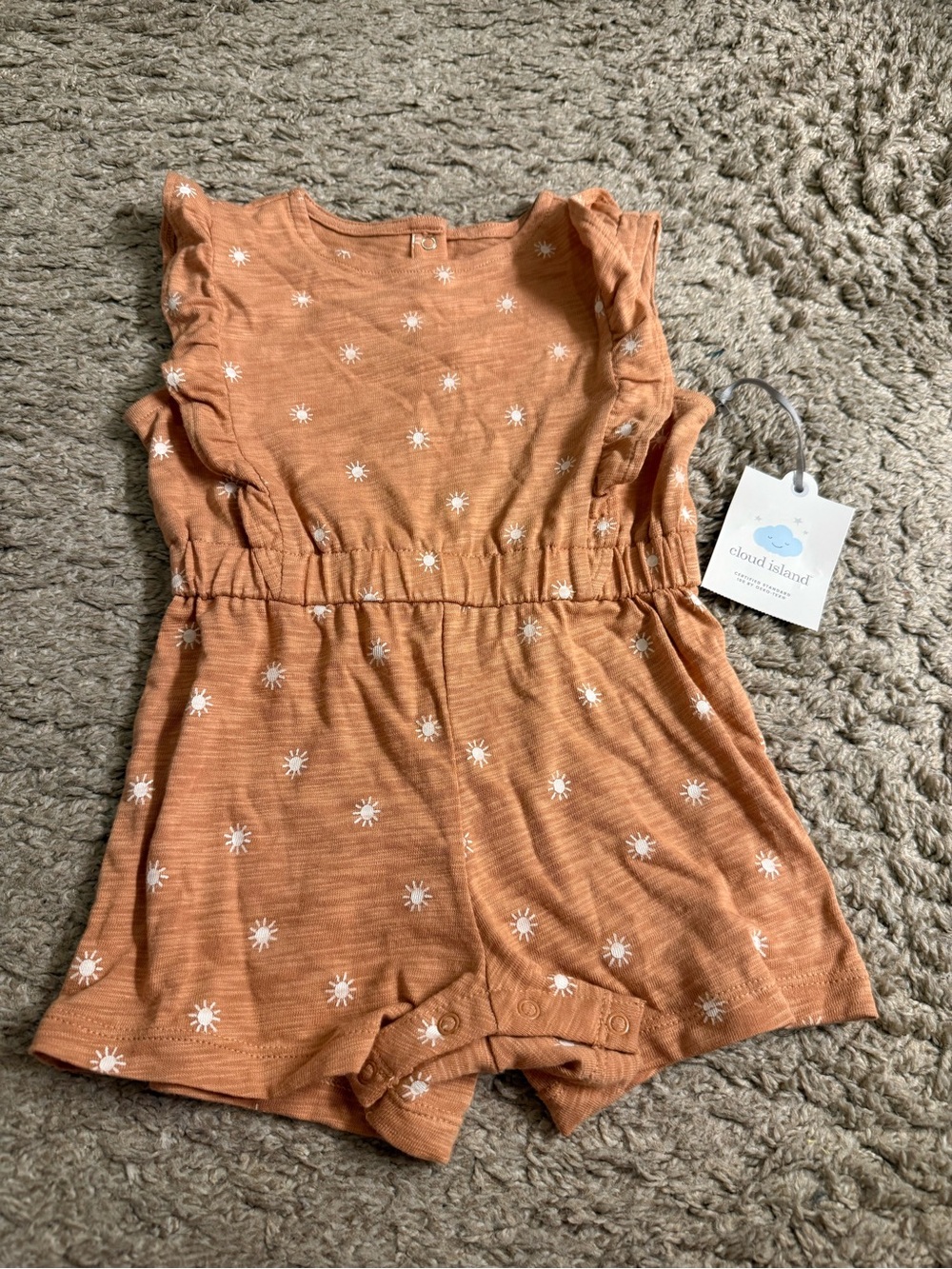 Cloud Island Baby Girls’ Tan Rust Sun Print Knit Ruffle Romper - size 6-9 months